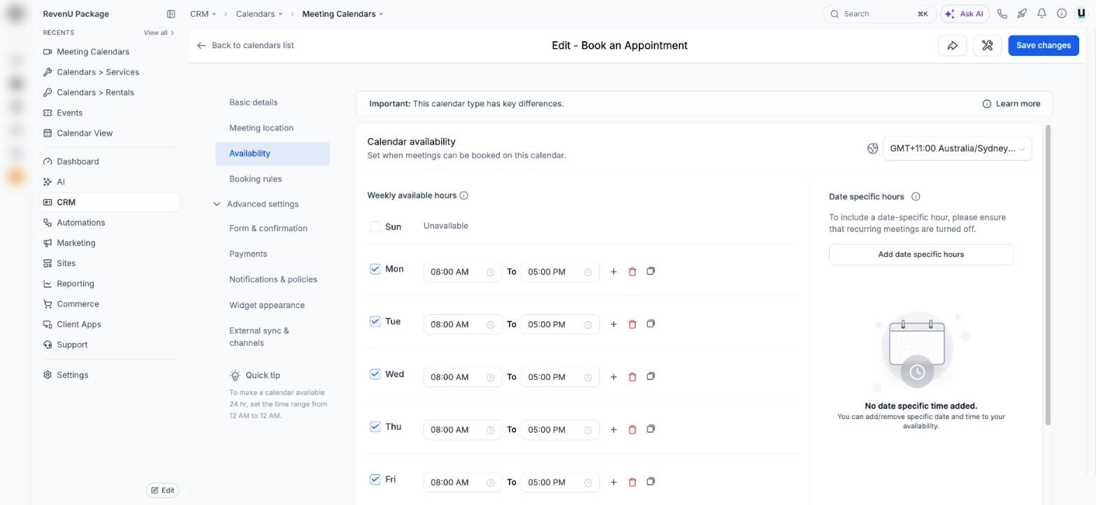 Calendar availability in a revenu account