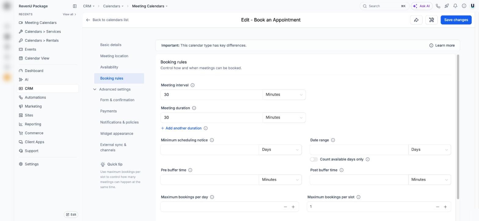 Calendar booking rules in a revenu account
