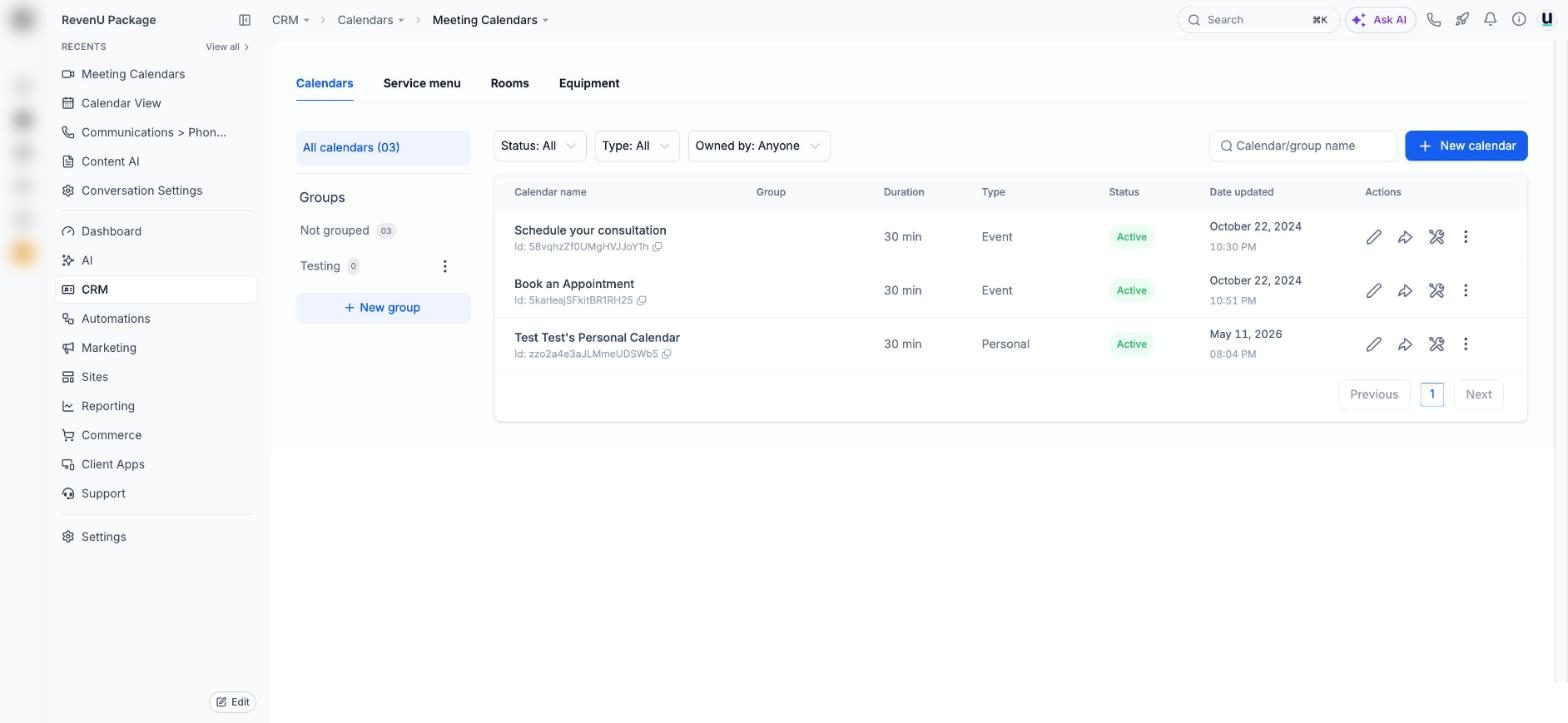 Meeting calendars in a revenu account
