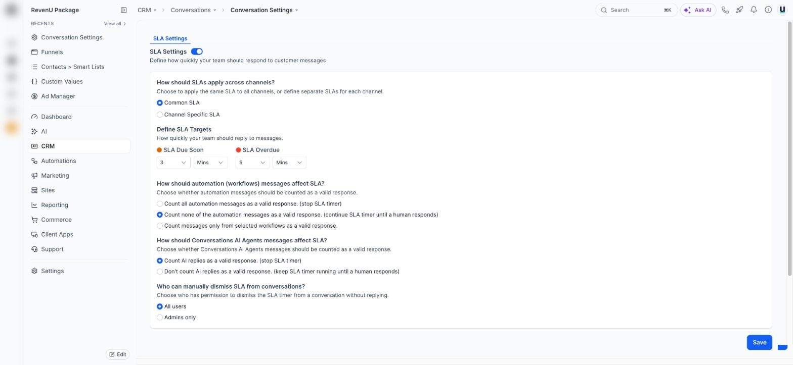 Conversation settings: SLAs in a revenu account