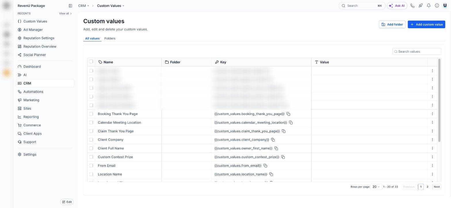 Custom values in a revenu account