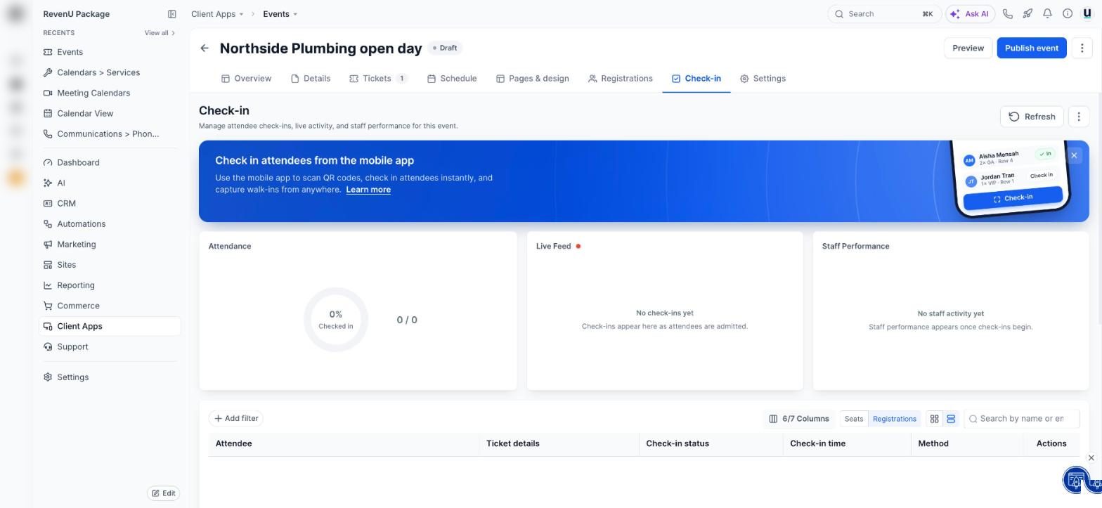 Event check-in in a revenu account