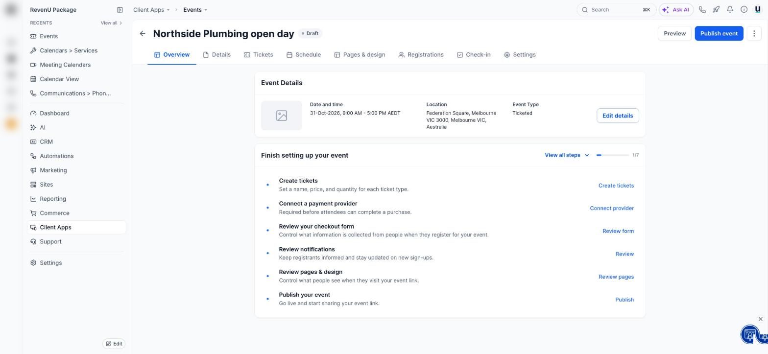 Event overview in a revenu account