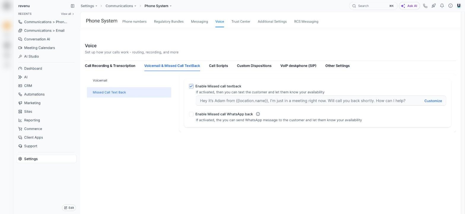 Phone System: Voice in a revenu account