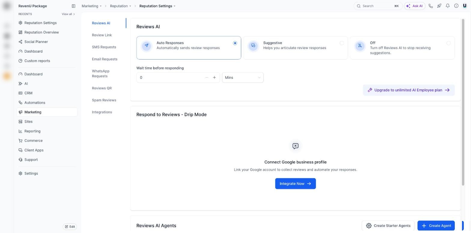 Reputation settings in a revenu account