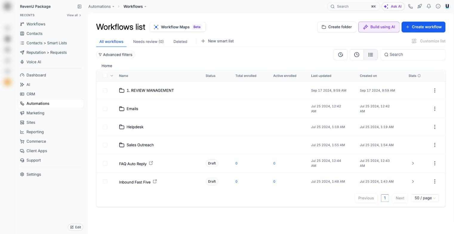 Workflows list in a revenu account