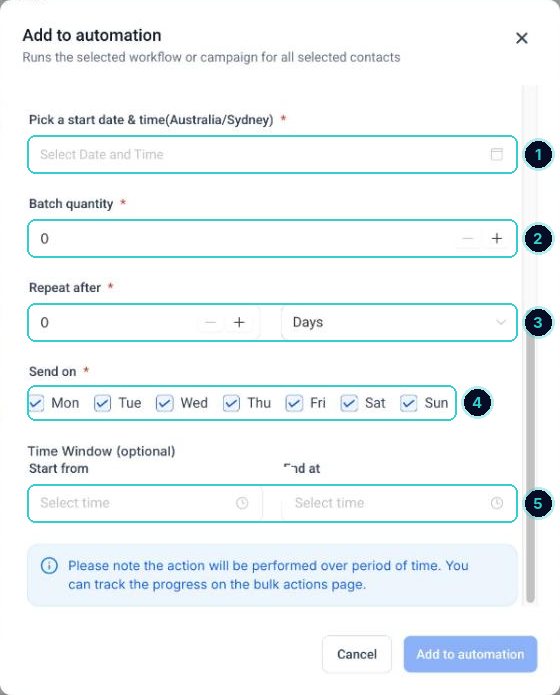 Drip settings numbered: start time, batch size, repeat, days and time window