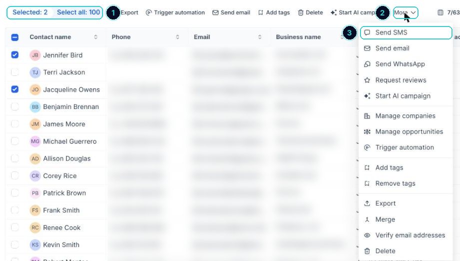 Contacts bulk actions with More open and Send SMS highlighted