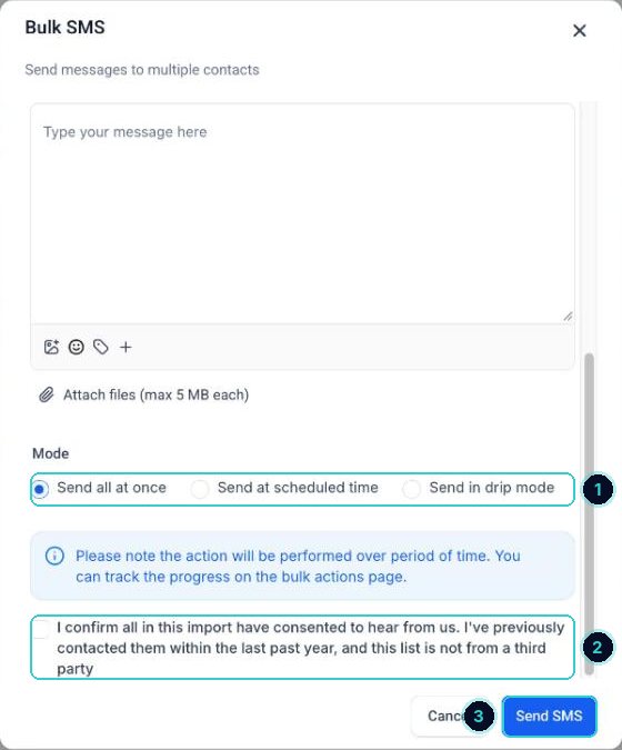 Bulk SMS sending options numbered: mode, consent confirmation and send