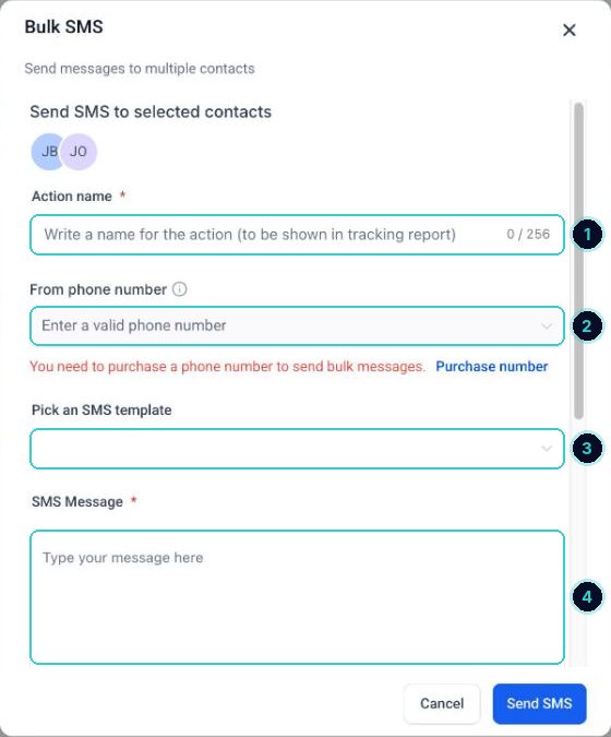 Bulk SMS dialog numbered: action name, from number, template and message