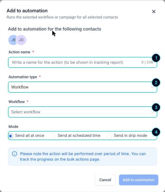 Add to automation dialog numbered: action name, automation type, workflow and mode