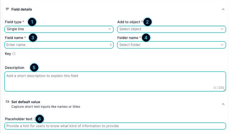 Create custom field panel with field type, object, name, folder, description and placeholder numbered