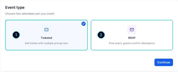 Event type choice numbered: Ticketed or RSVP