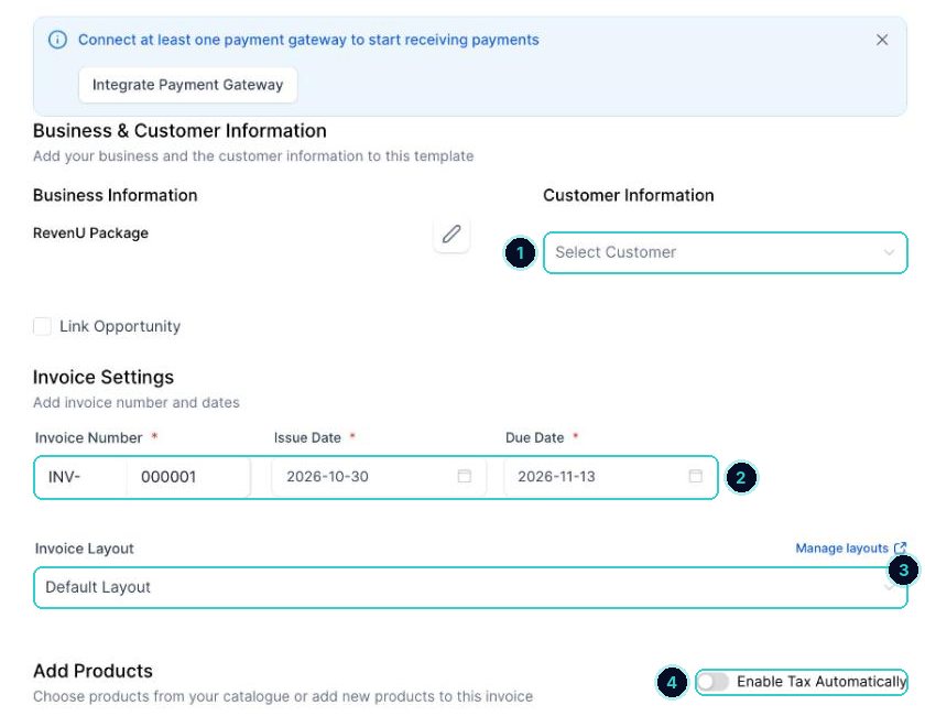 Invoice editor numbered: customer, number and dates, layout, automatic tax