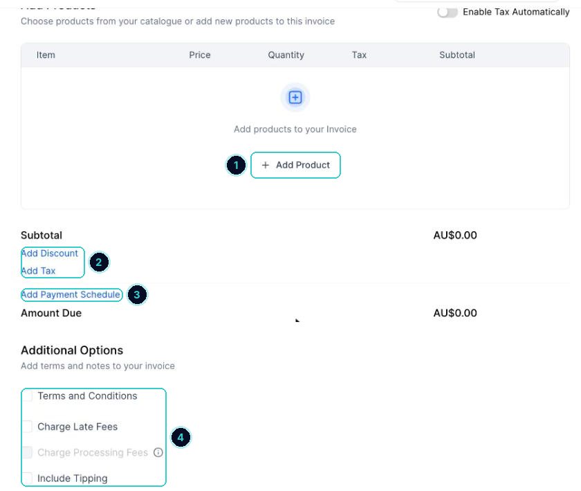 Products and totals numbered: add product, discount and tax, payment schedule, extra options