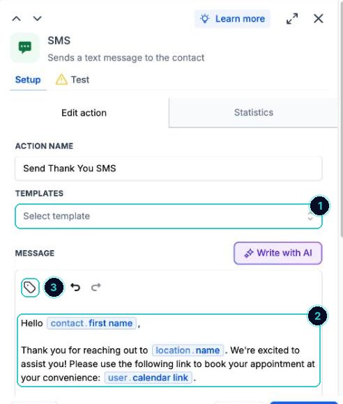 Text step numbered: template, message with merge fields, merge field button