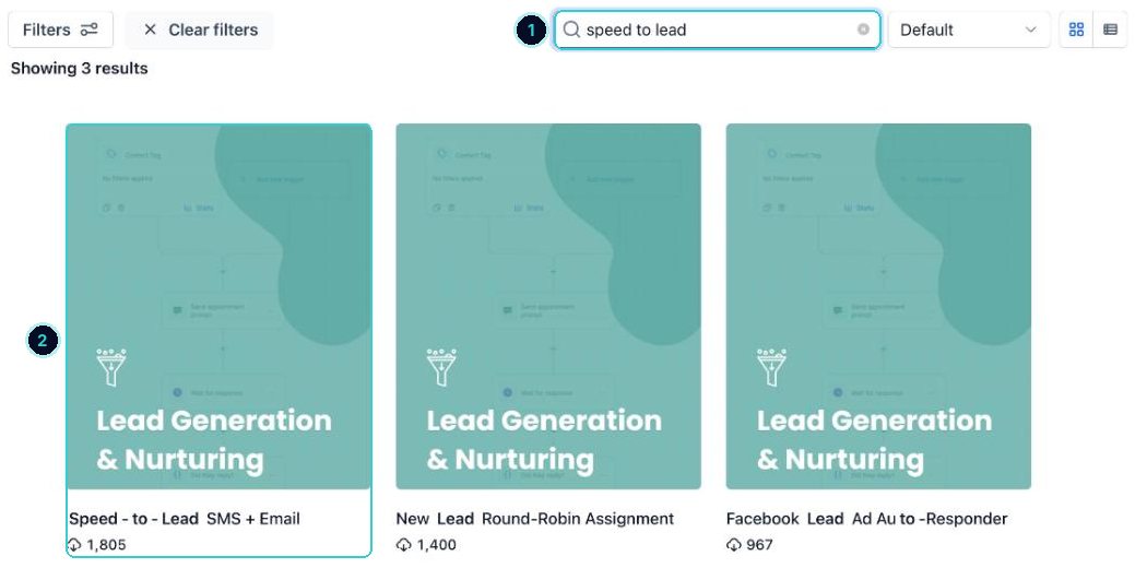 Template library searched for speed to lead, first result highlighted