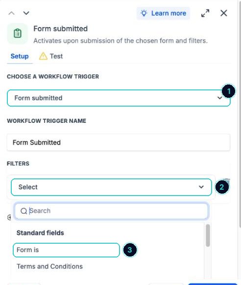 Trigger settings numbered: trigger type, filter, form is