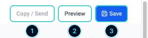 Payment link buttons numbered: copy or send, preview, save
