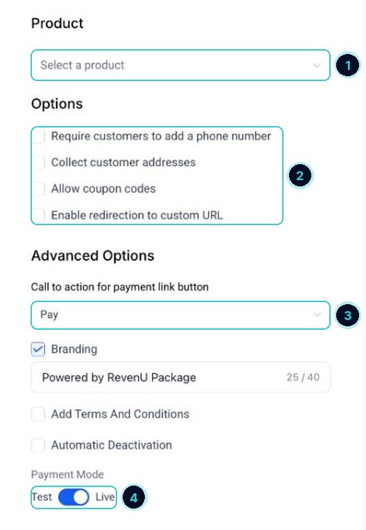 Payment link settings numbered: product, options, button text, test or live