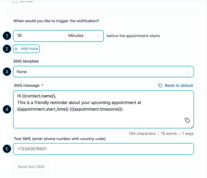SMS reminder settings numbered: time before, add another, template, message and test number