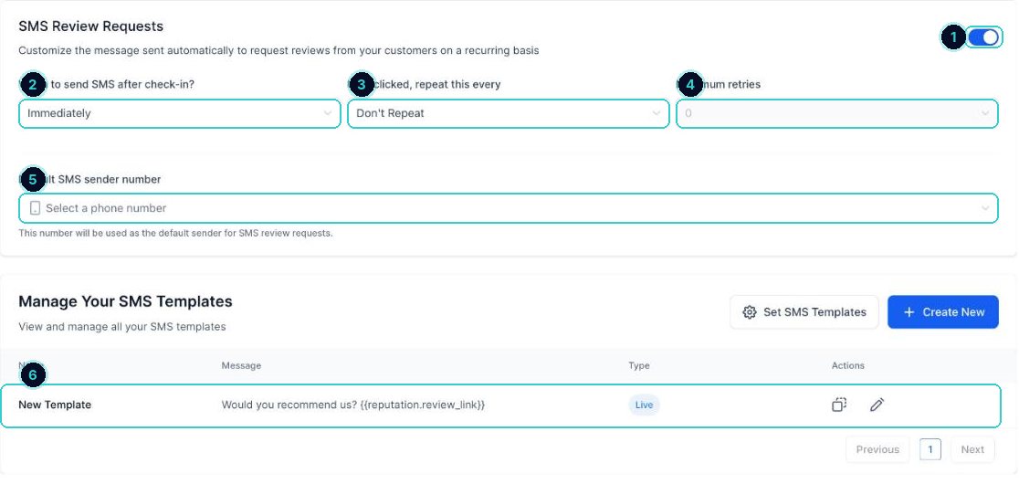 SMS review request settings numbered: on switch, when to send, repeat until clicked, maximum retries, sender number and template